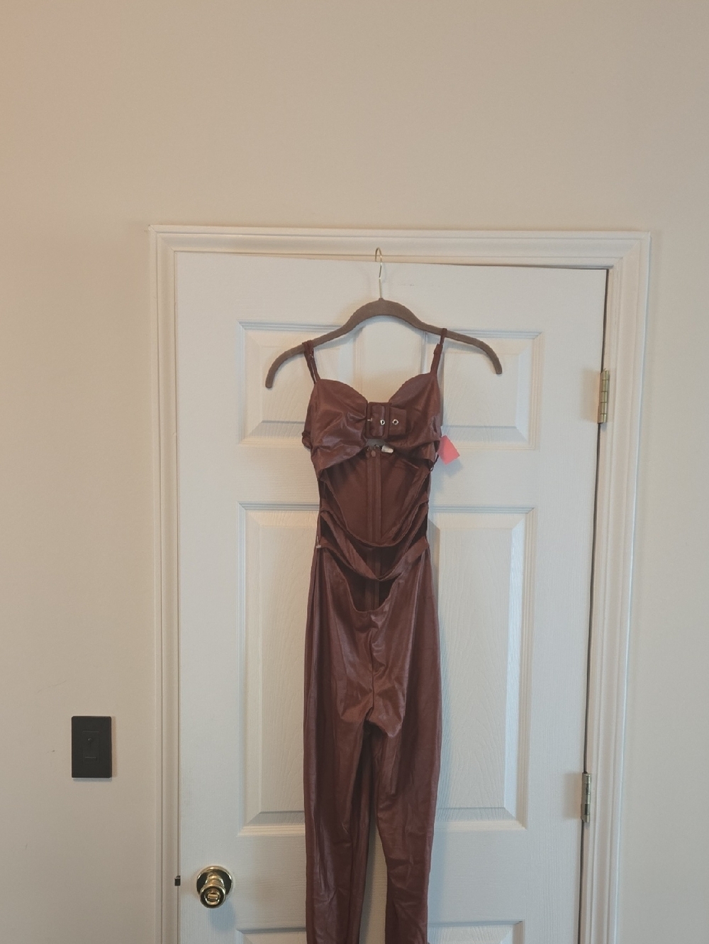 Brown Faux-Leather Cutout Jumpsuit with Buckle Detail
